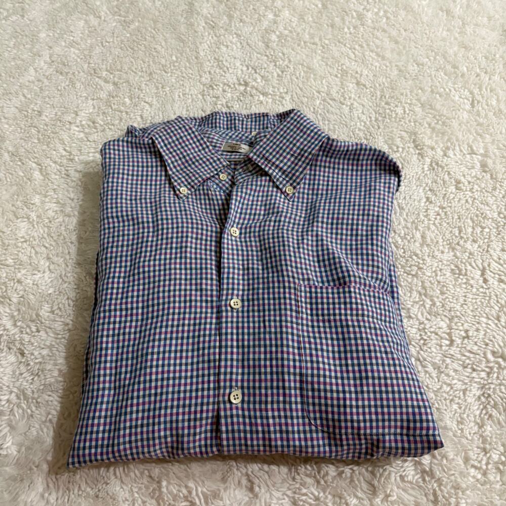 Peter Millar Men Button Down Blue Checkered Linen Silk L Preppy Business Career